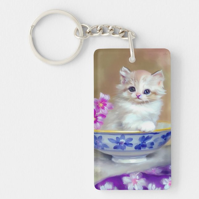 Vintage White Kitten Illustration Keychain (Front)