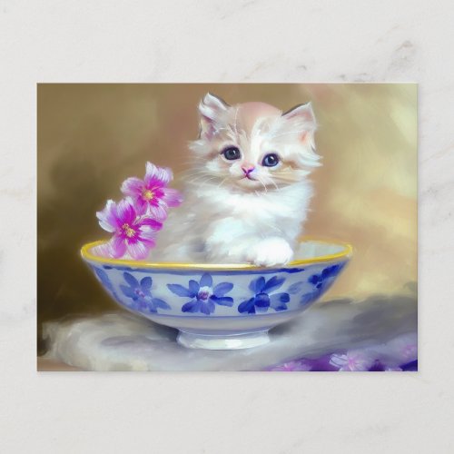 Vintage White Kitten Illustration Postcard