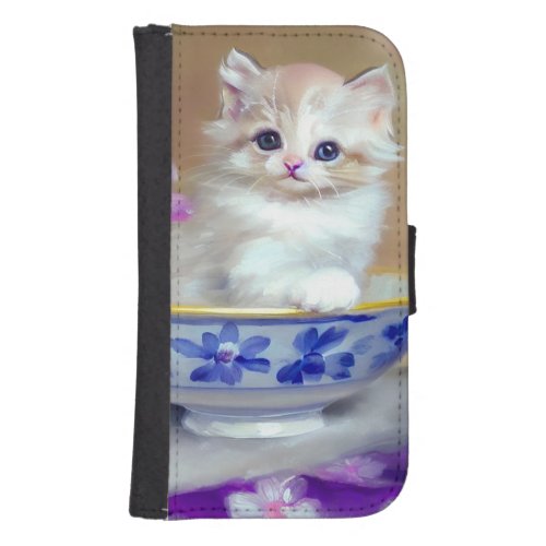 Vintage White Kitten Illustration Galaxy S4 Wallet Case