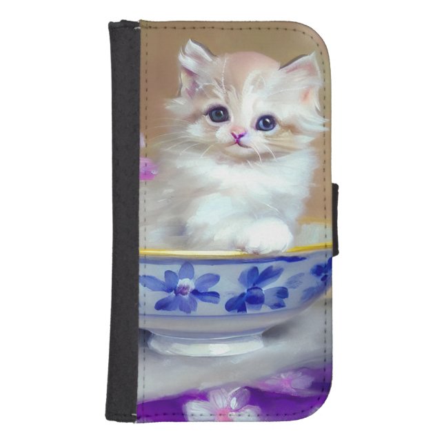 Vintage White Kitten Illustration Samsung Galaxy Wallet Case (Front)