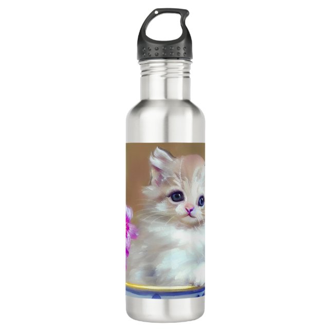 Vintage White Kitten Illustration Stainless Steel Water Bottle (Front)