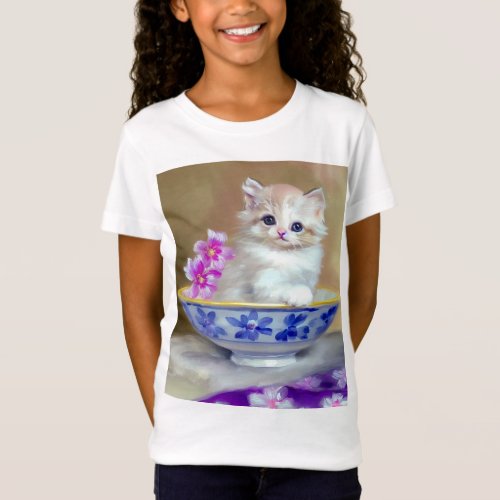 Vintage White Kitten Illustration T_Shirt