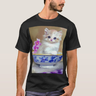 Vintage White Kitten Illustration T-Shirt