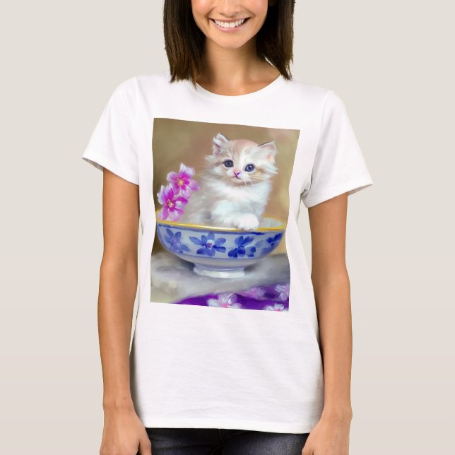 Vintage White Kitten Illustration T-Shirt (Front)