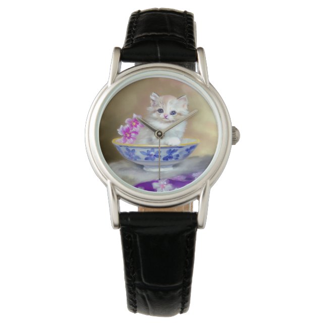 Vintage White Kitten Illustration Watch (Front)