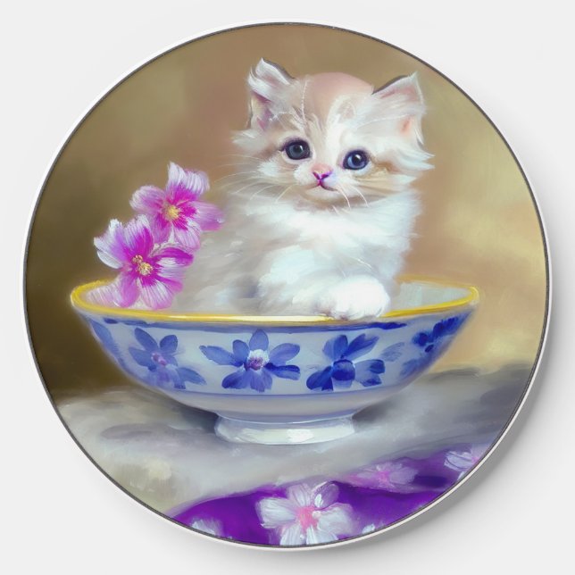 Vintage White Kitten Illustration Wireless Charger (Front)