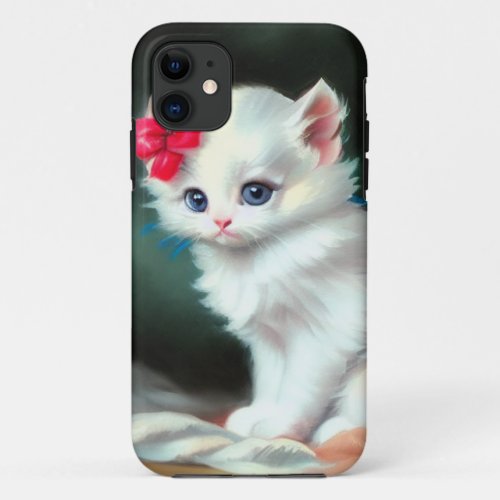Vintage White Kitten Illustration with Red Flowers iPhone 11 Case