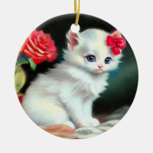 Vintage White Kitten Illustration with Red Flowers Ceramic Ornament