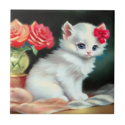 Vintage White Kitten Illustration with Red Flowers Ceramic Tile