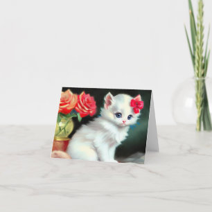 Vintage White Kitten Illustration with Red Flowers Invitation