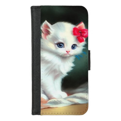 Vintage White Kitten Illustration with Red Flowers iPhone 87 Wallet Case