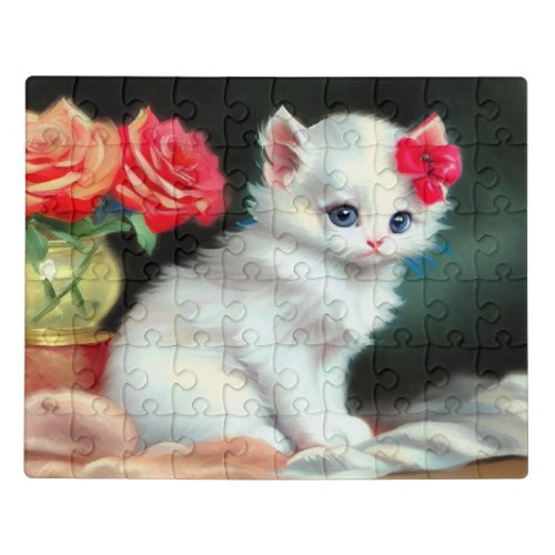 Vintage White Kitten Illustration with Red Flowers Jigsaw Puzzle