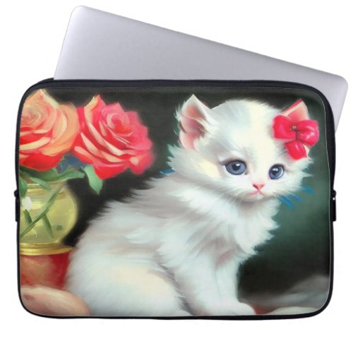 Vintage White Kitten Illustration with Red Flowers Laptop Sleeve