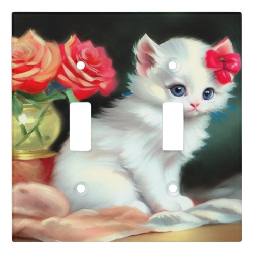 Vintage White Kitten Illustration with Red Flowers Light Switch Cover