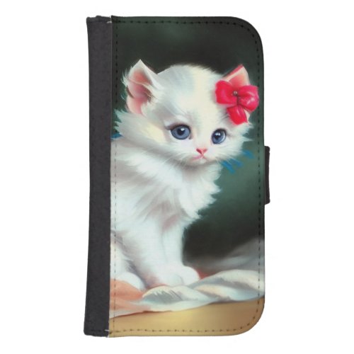 Vintage White Kitten Illustration with Red Flowers Galaxy S4 Wallet Case