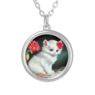Vintage White Kitten Illustration with Red Flowers Silver Plated Necklace