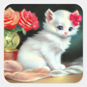 Vintage White Kitten Illustration with Red Flowers Square Sticker
