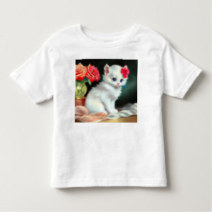 Vintage White Kitten Illustration with Red Flowers Toddler T-shirt