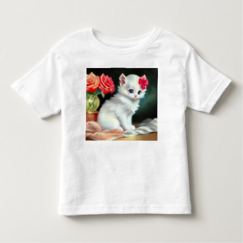 Vintage White Kitten Illustration with Red Flowers Toddler T_shirt