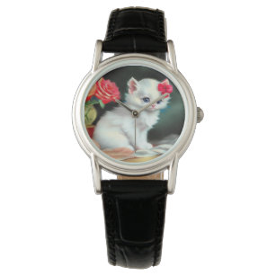 Vintage White Kitten Illustration with Red Flowers Watch
