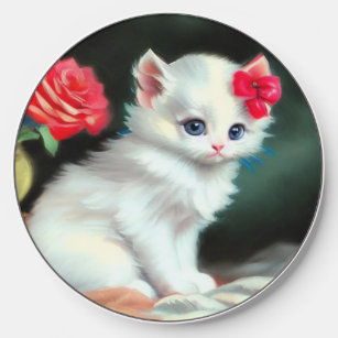 Vintage White Kitten Illustration with Red Flowers Wireless Charger