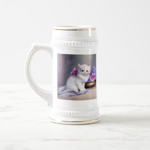 Vintage White Kitten with Pink and Purple Flowers Beer Stein