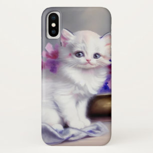 Vintage White Kitten with Pink and Purple Flowers iPhone X Case