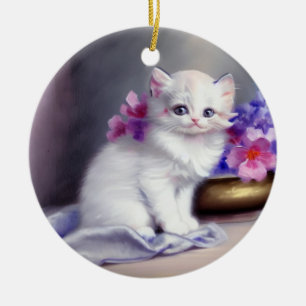 Vintage White Kitten with Pink and Purple Flowers Ceramic Ornament