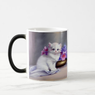 Vintage White Kitten with Pink and Purple Flowers Color Morph Mug