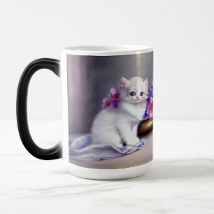 Vintage White Kitten with Pink and Purple Flowers Color Morph Mug