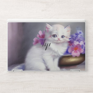 Vintage White Kitten with Pink and Purple Flowers HP Laptop Skin