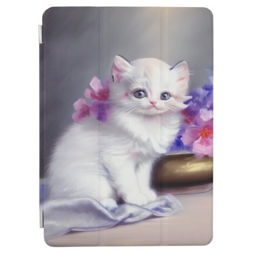 Vintage White Kitten with Pink and Purple Flowers iPad Air Cover