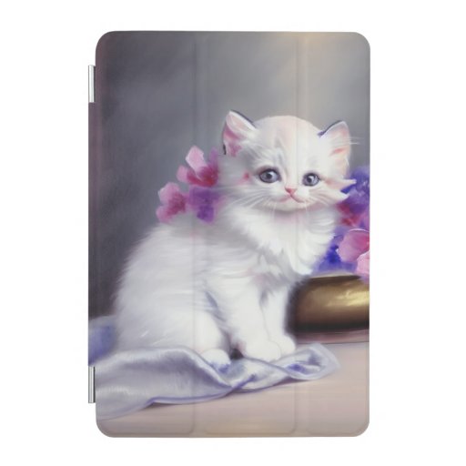 Vintage White Kitten with Pink and Purple Flowers iPad Mini Cover