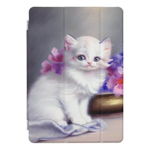 Vintage White Kitten with Pink and Purple Flowers iPad Pro Cover
