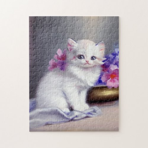 Vintage White Kitten with Pink and Purple Flowers Jigsaw Puzzle