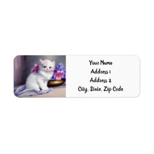 Vintage White Kitten with Pink and Purple Flowers Label