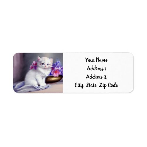 Vintage White Kitten with Pink and Purple Flowers Label
