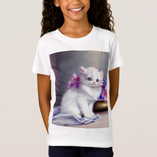 Vintage White Kitten with Pink and Purple Flowers T_Shirt