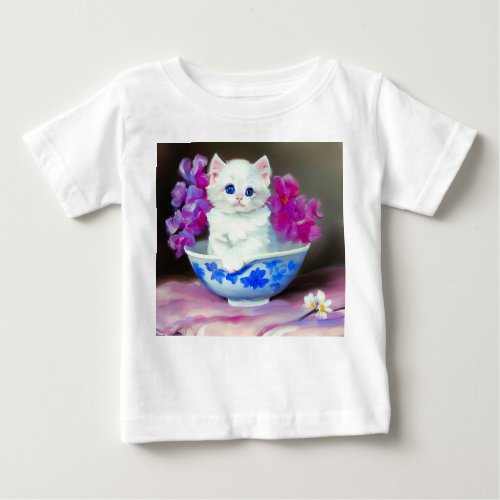 Vintage White Kitten with Pink Flowers  Baby T_Shirt