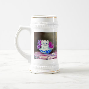 Vintage White Kitten with Pink Flowers  Beer Stein