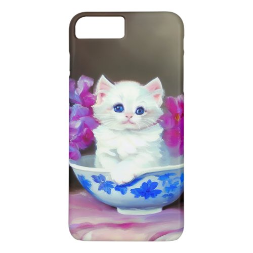 Vintage White Kitten with Pink Flowers  iPhone 8 Plus7 Plus Case