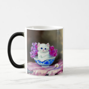 Vintage White Kitten with Pink Flowers Color Morph Mug