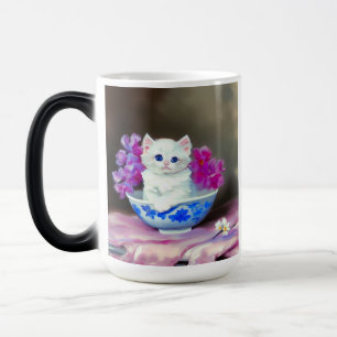 Vintage White Kitten with Pink Flowers Color Morph Mug