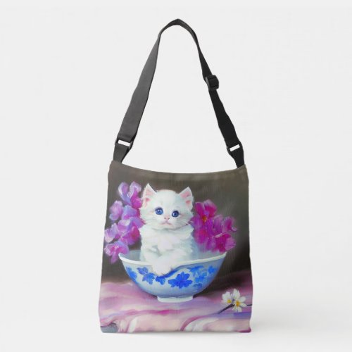 Vintage White Kitten with Pink Flowers  Crossbody Bag