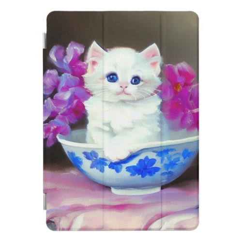 Vintage White Kitten with Pink Flowers  iPad Pro Cover