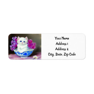 Vintage White Kitten with Pink Flowers Label