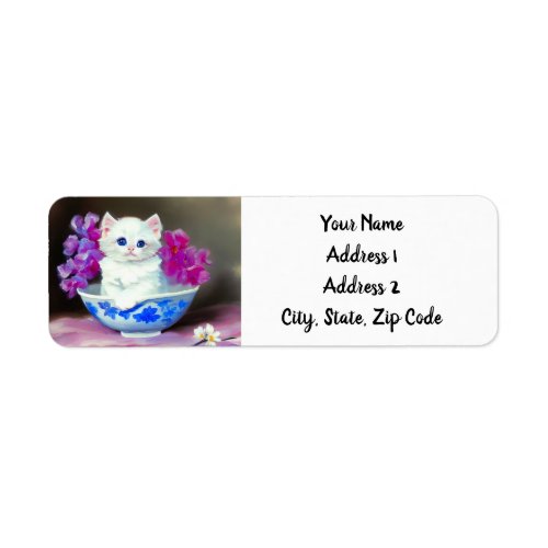 Vintage White Kitten with Pink Flowers  Label
