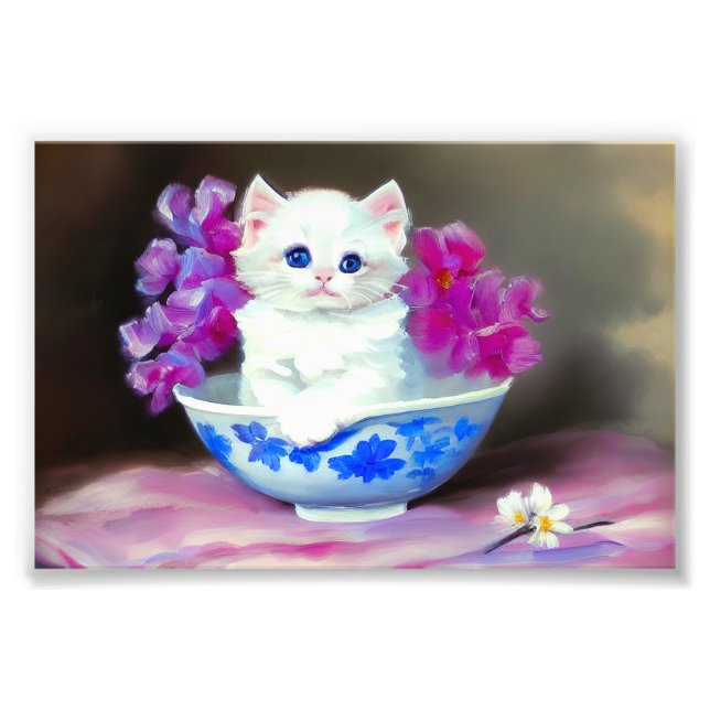Vintage White Kitten with Pink Flowers  Photo Print (Front)