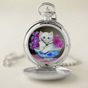 Vintage White Kitten with Pink Flowers Pocket Watch