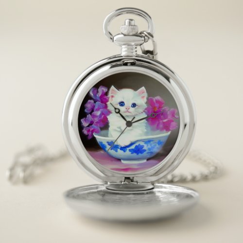 Vintage White Kitten with Pink Flowers  Pocket Watch